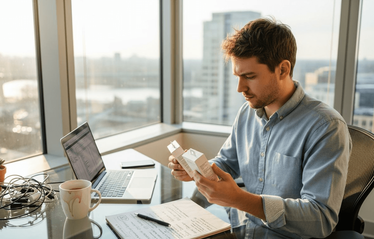 Man comparing tech accessories at office desk