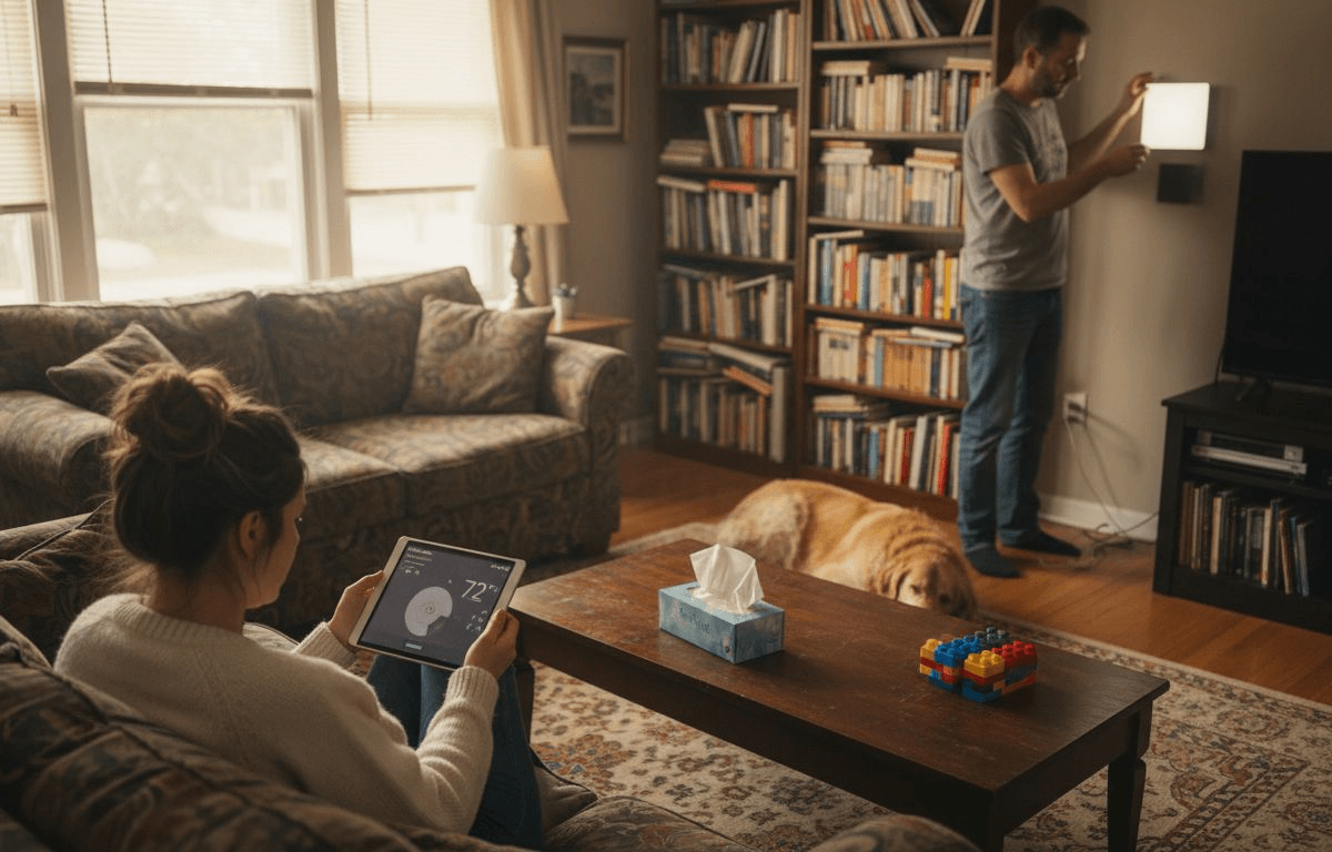 Family interacting with smart home devices